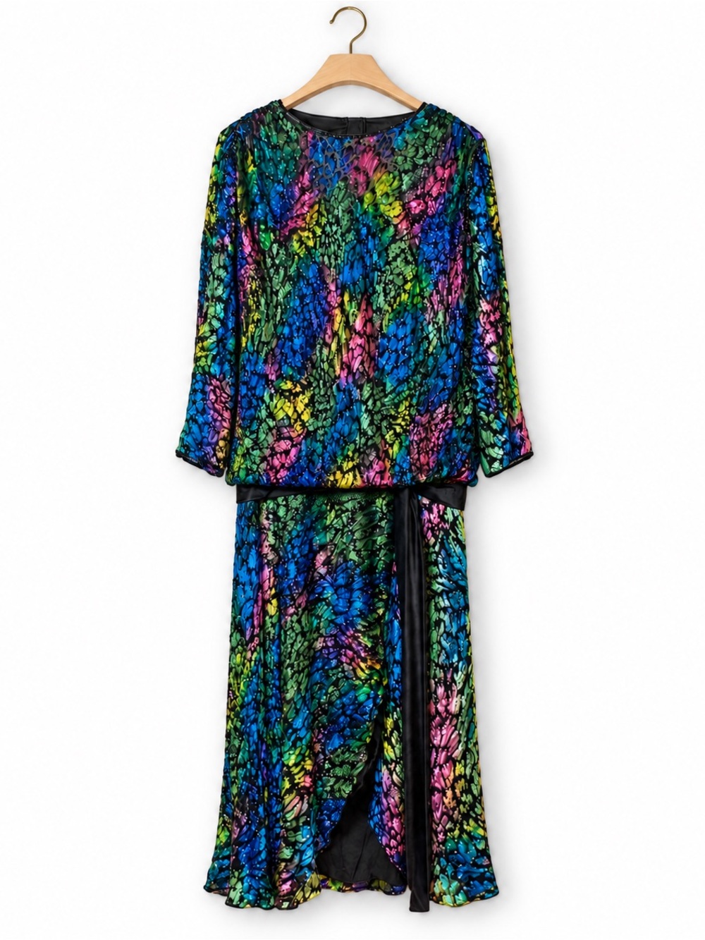 Vintage Drop Waist Bow Burnout Colorful Shimmer Velvet Beaded “Peacock” Dress M